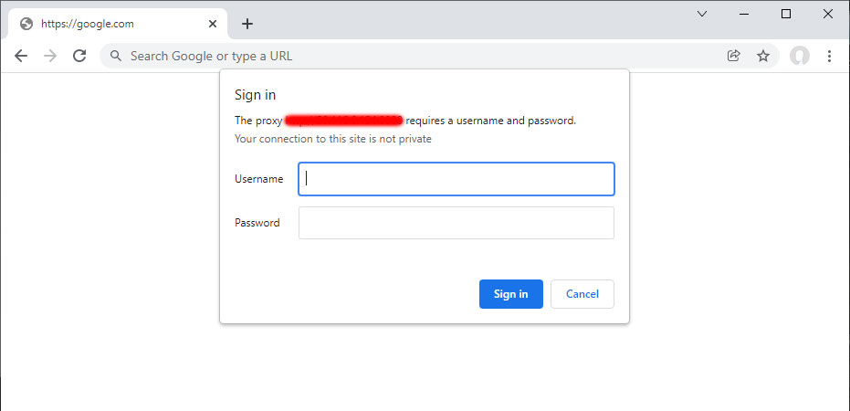 The proxy requires a username and password